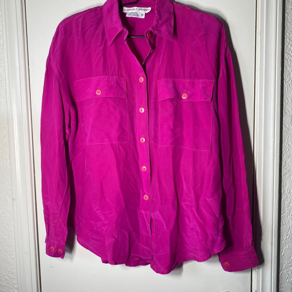 Eleanor P Brenner Fuchsia Pink 100% Silk Button Down Blouse Long Sleeve Medium - Picture 2 of 6